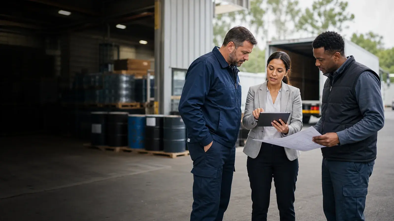Three project professionals reviewing an industrial project at a warehouse loading area.